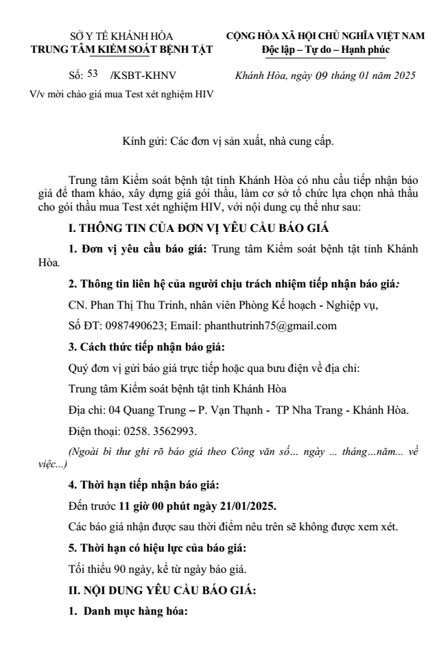 Mời chào giá mua Test xét nghiệm HIV